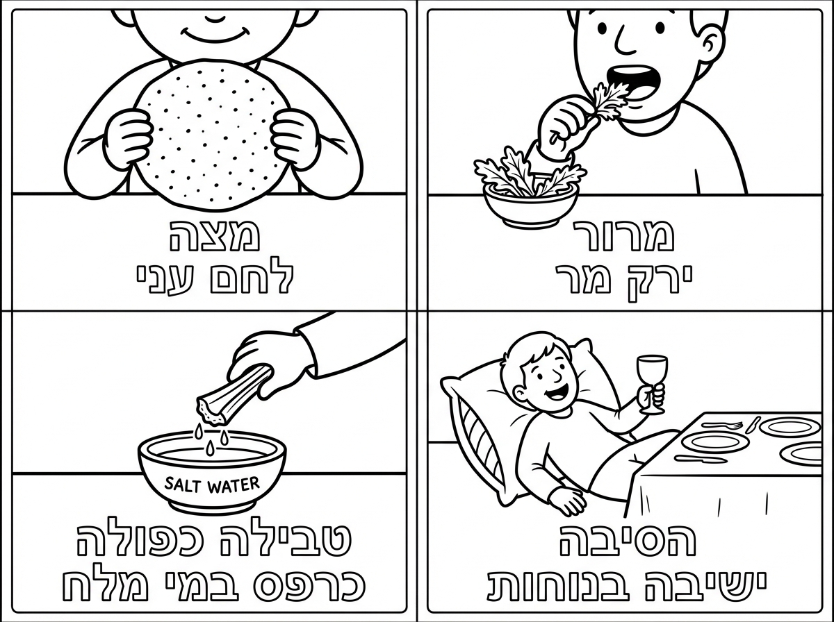 דף מחולק לארבעה חלקים, כל חלק מאייר קושייה אחת: מצה (לחם עוני), מרור (ירק מר), טבילה כפולה (כרפס במי מלח), והסבה (ישיבה בנוחות). כל תמונה עם כיתוב הקושייה בעברית ומסגרת מעוצבת. סגנון חינוכי ברור ומאויר.