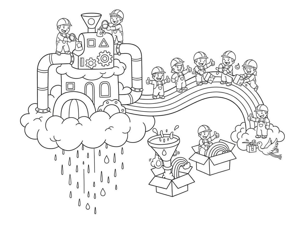 מפעל קשתות בשמיים - מפעל מעל העננים מייצר קשתות בענן, עובדים שופכים דליי צבע למכונת קשת, בקרת איכות בודקת צבעים, אורזים קשתות בקופסאות ענן, משלוח בחסידה, וגשם כחומר גלם