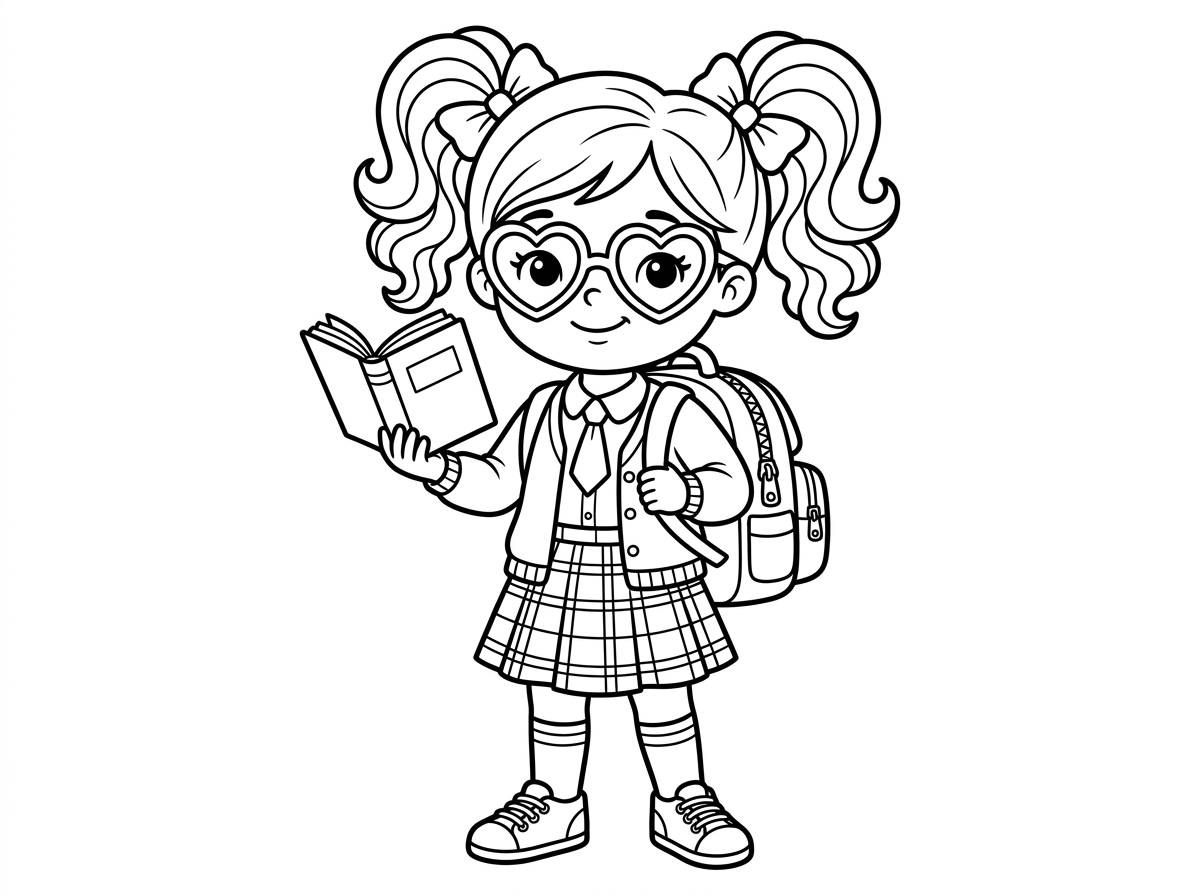 בובת לול סורפרייז עם משקפיים גדולים בצורת לב על העיניים, שיער אסוף בשני קוקיות גבוהות ולבושה בלוק נרדי-שיק. מחזיקה ספר ביד, תרמיל על הגב, חצאית משובצת ונעלי סניקרס. סגנון חכמני וחמוד עם פרטי משקפיים.
