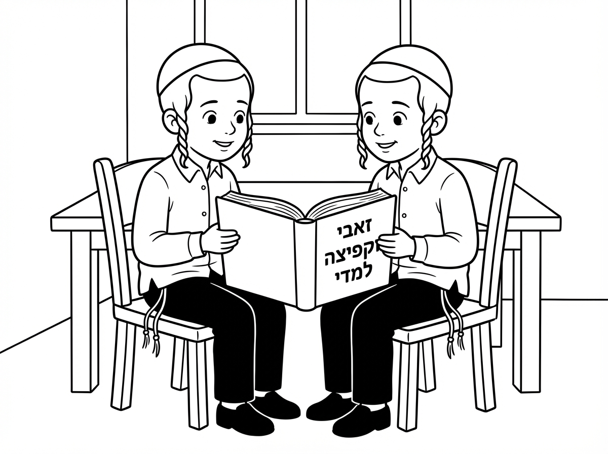 "זאבי וקפיצה למדי יחד, הציור של שני הילדים החסידים יושבים ומדברים, חומש וכתוב זאבי וקפיצה למדי"