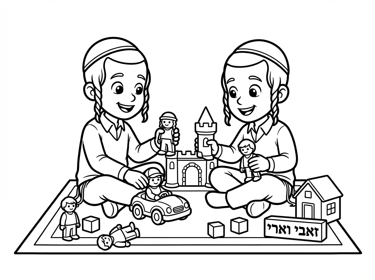 "על דף צביעה שיראו בו שתי ילדים בסגנון חסידי יושבים ומשחקים ב-playmobile, ויהיה כתוב זאבי וארי."