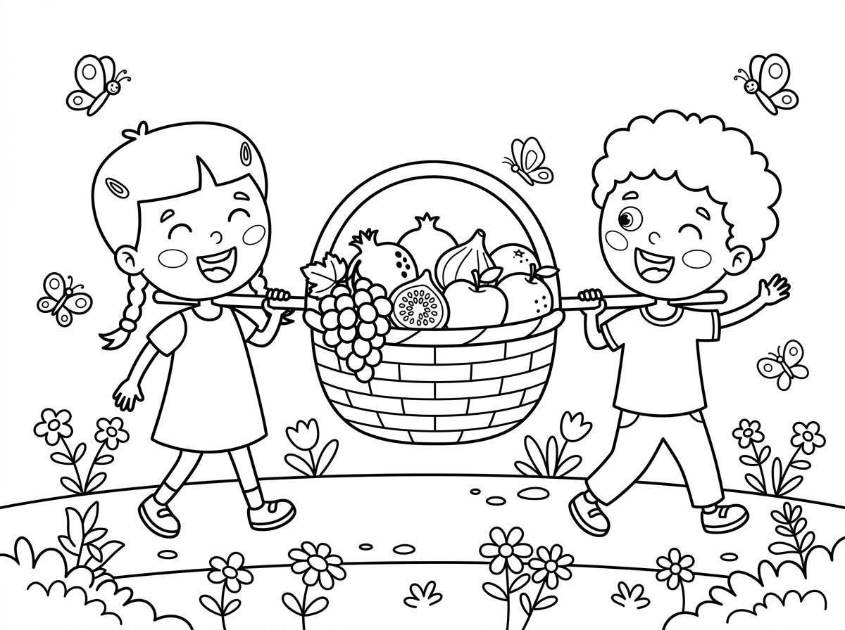 שני ילדים חמודים נושאים יחד סלסילת ביכורים ענקית על מוט עץ ביניהם, הסלסילה עמוסה בפירות: ענבים, רימונים, תאנים, תפוחים ותפוזים. הילדים צועדים בשמחה בשביל כפרי מוקף פרחים, ופרפרים מלווים אותם. סגנון שמח ותנועתי עם אביב.