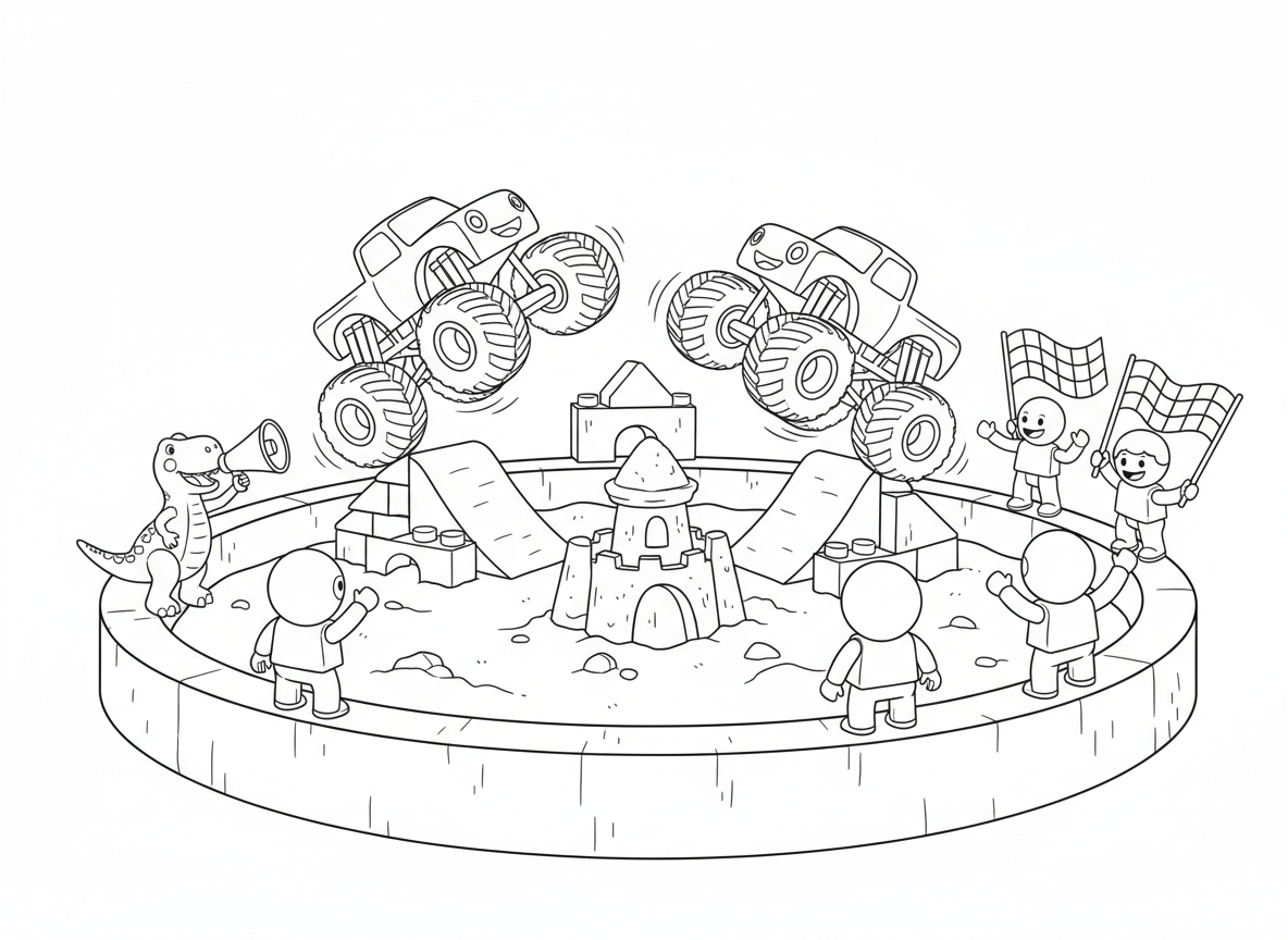 מופע מונסטר טראק בארגז חול - משאיות מפלצת צעצוע קופצות בארגז חול, דמויות פעולה כצופים, רמפות מקוביות בנייה, דינוזאור פלסטיק כקריין, אזור ריסוק ארמונות חול, ומנופפי דגלי צעצוע