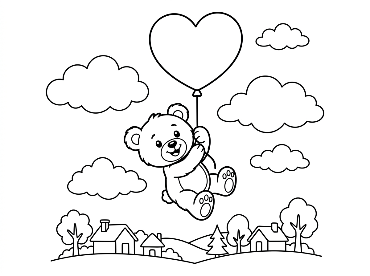 דובון פרוותי וחמוד מחזיק בחוט של בלון ענק בצורת לב ומתרומם באוויר, רגליו משתלשלות ופרצופו מראה התרגשות. מתחתיו נוף של בתים קטנים ועצים, ועננים תפוחים סביבו. סצנה מתוקה וחלומית.
