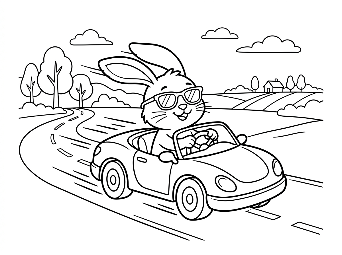 ארנב מגניב יושב מאחורי הגה של מכונית ספורט קטנה ומחייך בהנאה, משקפי שמש על עיניו ואוזניו מתנופפות ברוח. המכונית דוהרת על כביש כפרי. סגנון קריקטורה מגניב ומשעשע עם קווי מהירות, רקע של נוף כפרי עם עצים ושדות.