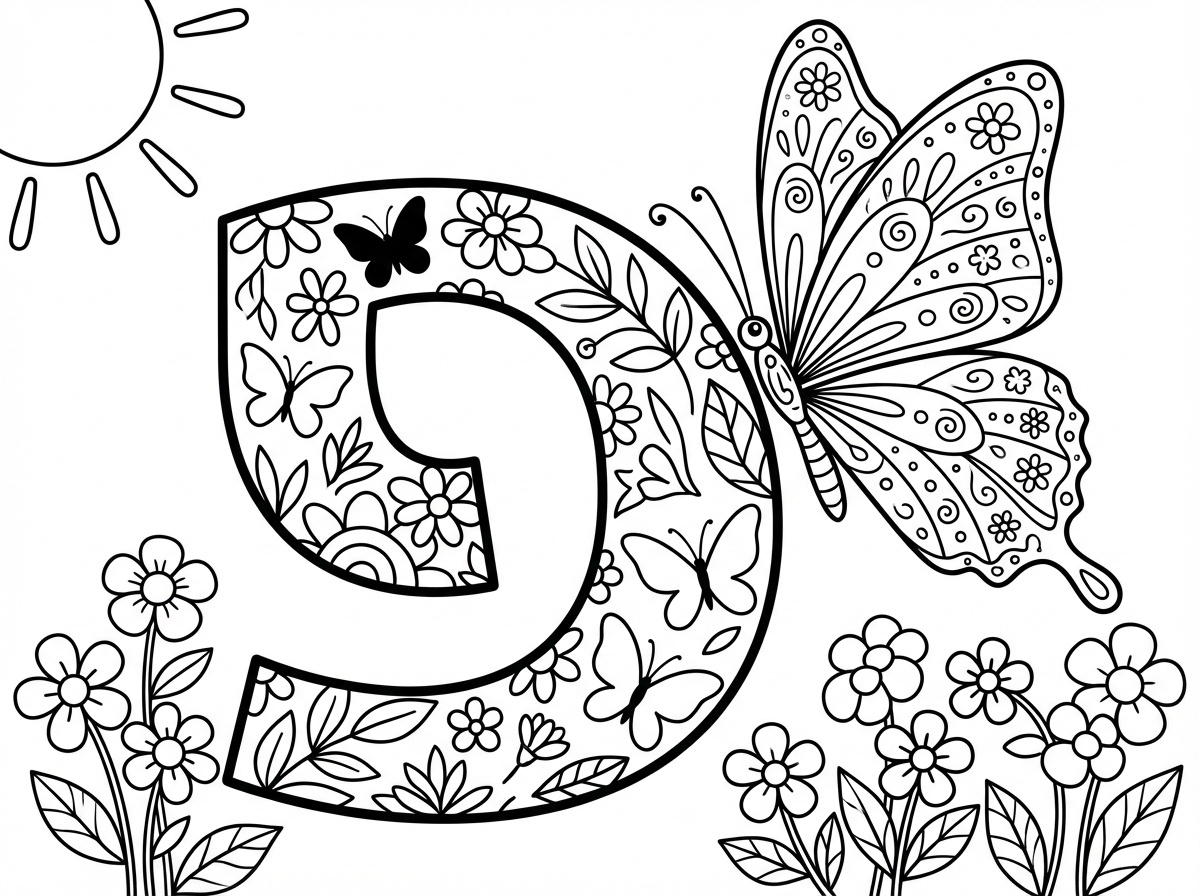 האות פ׳ (פֵּא) גדולה ומעוטרת בדוגמאות פרחים ופרפרים בתוכה, ממוקמת במרכז הדף. לצד האות ציור של פרפר מרהיב עם כנפיים גדולות ומעוטרות, מייצג את המילה ""פרפר"". ברקע פרחים קטנים ושמש, בסגנון חינוכי אביבי.