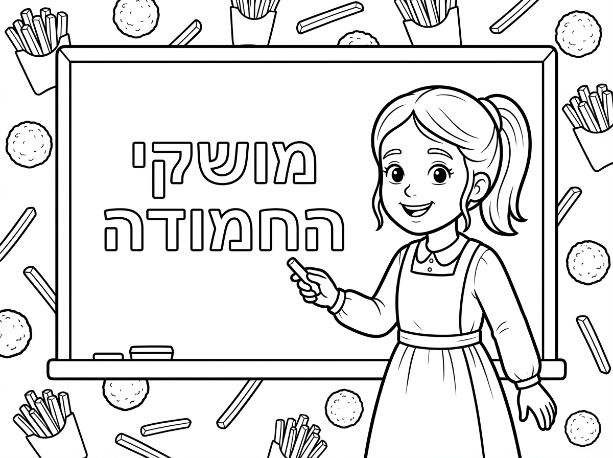 מקסים! 
עכשיו ילדה חסידית עם קוקו מציירת על הלוח וכתוב בו מושקי החמודה. ברקע צ׳יפס ופלאפל