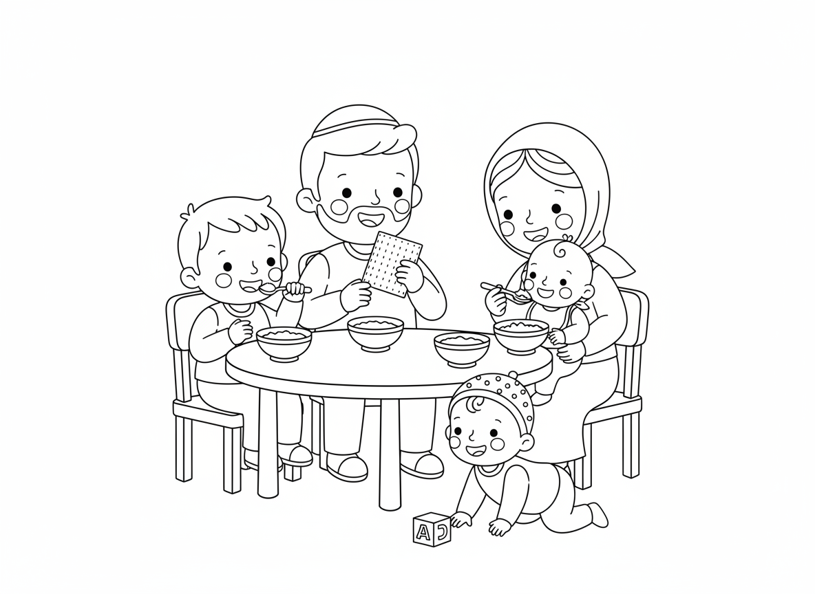 נשמח לדף צביעה של ילדים יושבים ליד השולחן ואוכלים מתוך קערה ואבא חובש כיפה ואוכל מצה ותינוק יושב על אמא שלו ואוכל דייסה, האמא עם מטפחת. וגם תינוקת עם כובע זוחלת על הרצפה