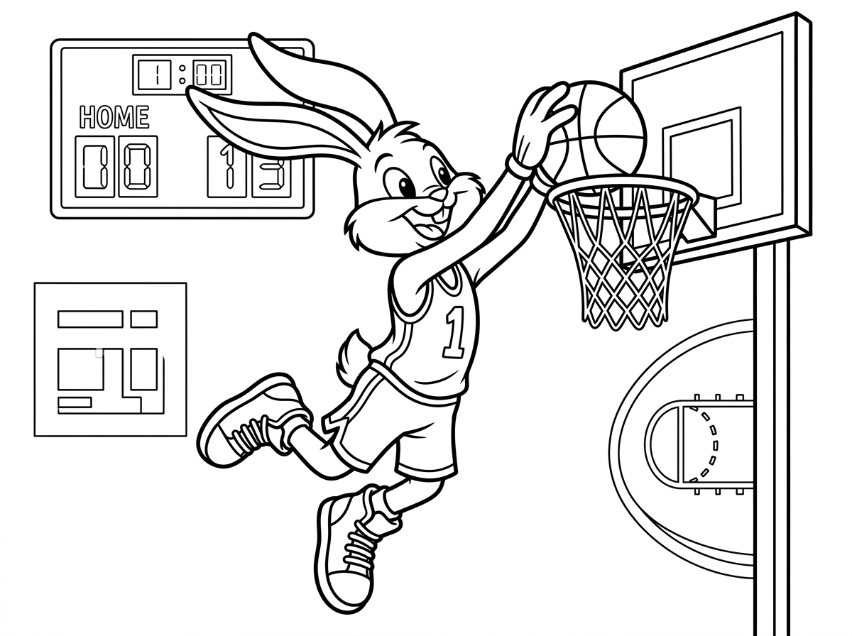 ארנב גבוה וזריז קופץ גבוה לעבר הסל ומטביע את הכדור, ביטוי של שמחה ונצחון על פניו. הוא לובש מדי כדורסל ונעלי ספורט גבוהות. סגנון קריקטורה ספורטיבי עם תחושת קפיצה ואנרגיה, רקע של מגרש כדורסל עם לוח תוצאות.