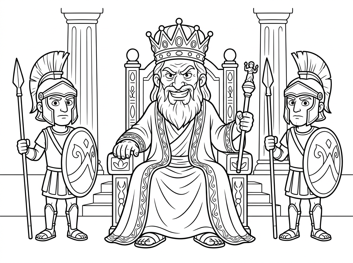 דמות אנטיוכוס אפיפנס כמלך יווני שחצן יושב על כס מלכות מפואר, עם כתר גדול, גלימה ארוכה ושרביט ביד. הבעת פניו זועפת ומנופחת בגאווה, מסביבו חיילים יוונים עם קסדות וחניתות ועמודים יווניים ברקע. סגנון קומי מעט מוגזם עם קווי מתאר ברורים ובולטים.