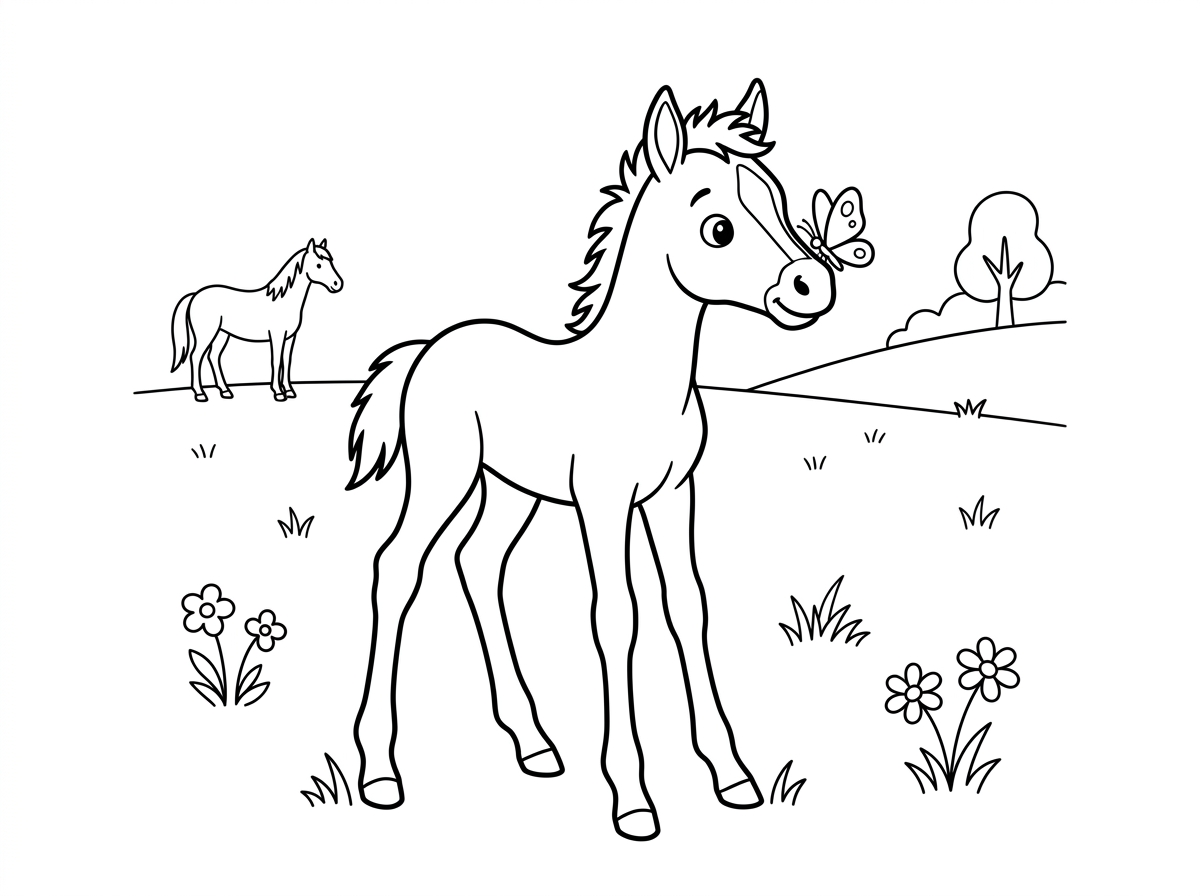 סייח צעיר ורזה עם רגליים ארוכות מידי לגופו, עומד באחו ומביט בסקרנות על פרפר שנח על אפו. הביטוי שלו תמים ומופתע, והרעמה שלו קצרה וסתורה. סגנון ציור מתוק ורך עם קווים עדינים, רקע של אחו שקט עם אמו הסוסה ברקע.