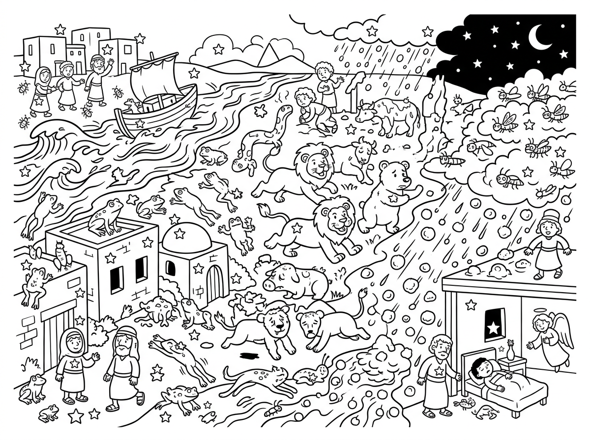 תיצור  לי דף בנושא 10 המכות שהיו על המצרים במצריים. בסגנון  איורי קומיקס  לילדים. עם הרבה מאד פרטים קטנים.
ובינהם שיופיע כ 60 פעמים סימן כוכב זהה מוחבא בתוך הציור . ציור מלא ועמוס בפרטים המתארים את המכות