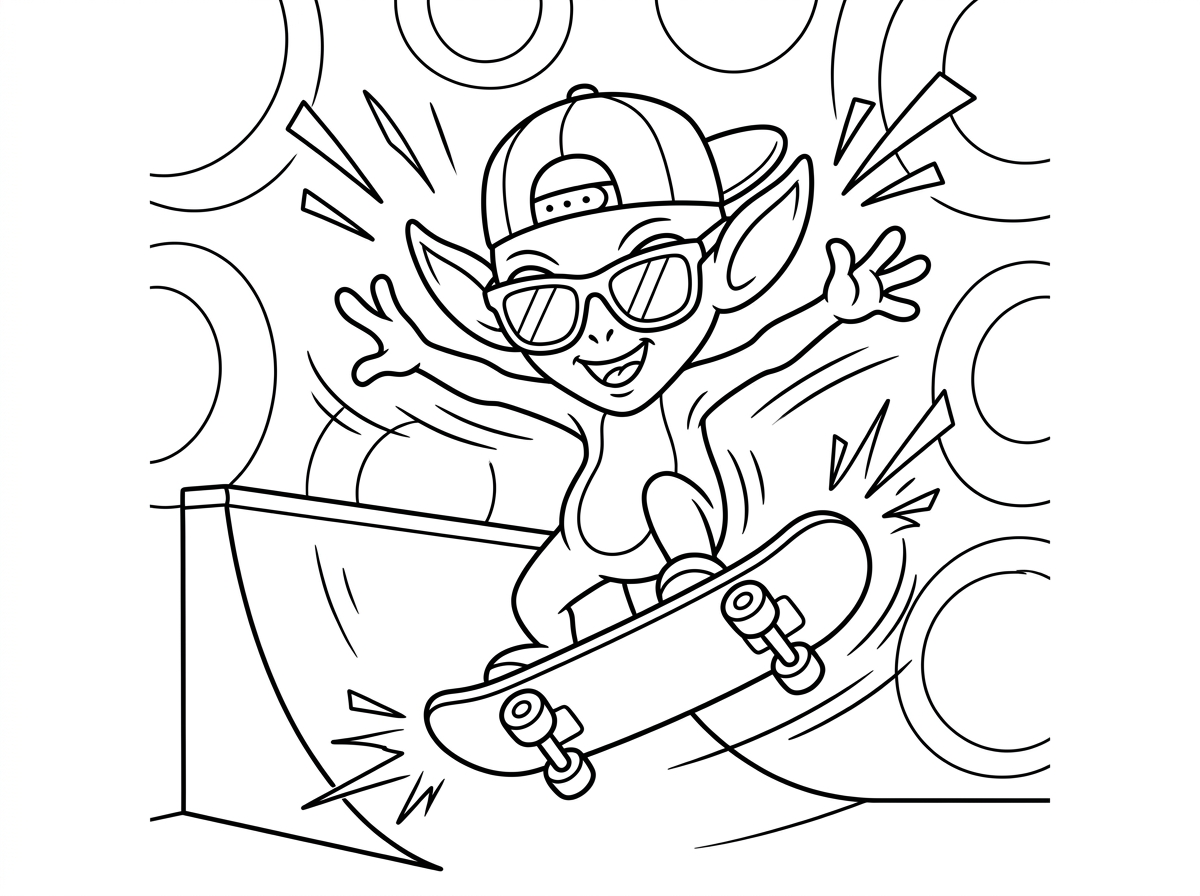 סטיץ׳ מחליק על סקייטבורד ומבצע טריק אווירי מרשים, הסקייטבורד מתחתיו והוא באוויר עם ידיים פרושות. הוא לבוש בכובע מצחיה הפוך ומשקפי שמש, ברקע רמפת סקייט ומעגלים. סגנון רחוב עירוני עם קווי תנועה ואנרגיה.