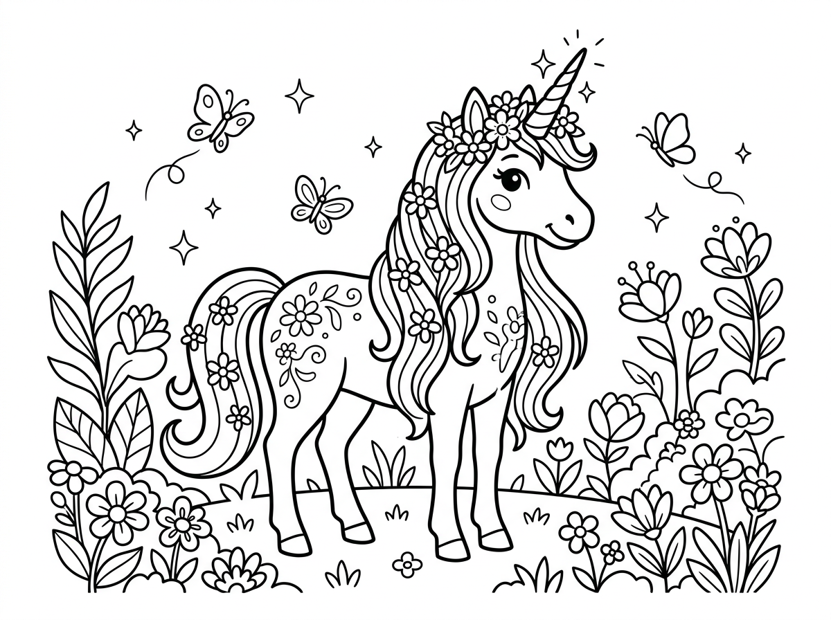 חד-קרן מלכותי ויפהפה עם רעמה ארוכה מעוטרת בפרחים שזורים, כתר פרחים על ראשו וקרן מנצנצת. גופו מעוטר בדוגמאות פרחוניות עדינות והוא עומד בגינת פרחים קסומה. סביבו פרפרים ונצנצים. סגנון פנטזיה נסיכותי.