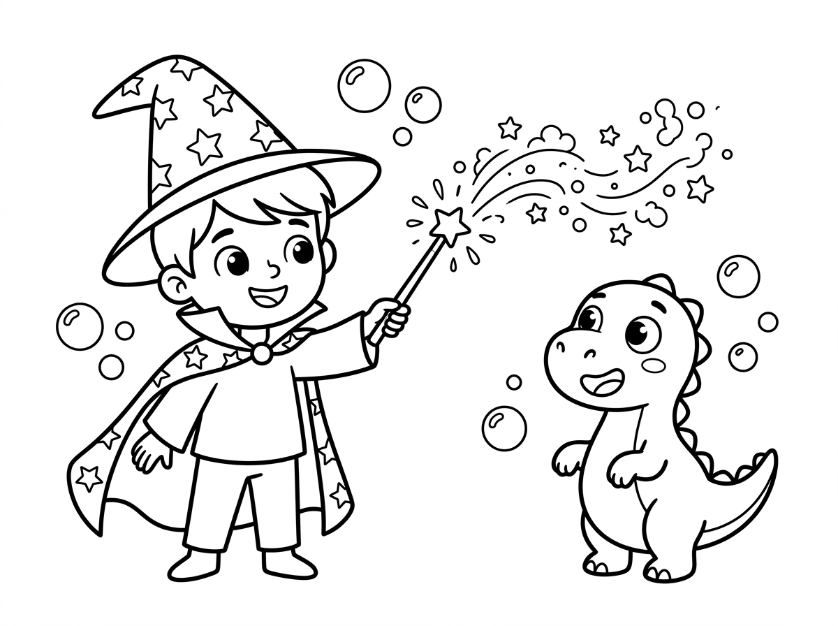 קוסם צעיר עם כובע קוסם מכוכבים וגלימה מתנופפת עומד ליד דינוזאור ידידותי וקטן, מכוון לעברו שרביט קסם שמוציא ניצוצות וכוכבים. הדינוזאור מופתע ומרוצה, ומסביבם בועות קסם. סגנון הרפתקה קסומה.