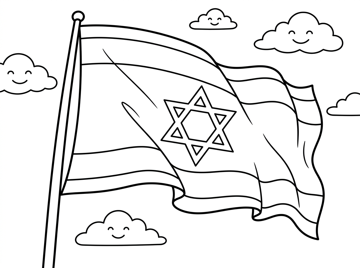 דגל ישראל גדול ומרכזי מתנופף ברוח על עמוד גבוה, הפסים למעלה ולמטה ומגן דוד גדול במרכז הרקע הלבן. קפלי הדגל מצוירים בפירוט עם צללים ותנועה, ברקע שמיים עם עננים לבנים. סגנון פטריוטי פשוט וברור עם דגש על תנועת הדגל.