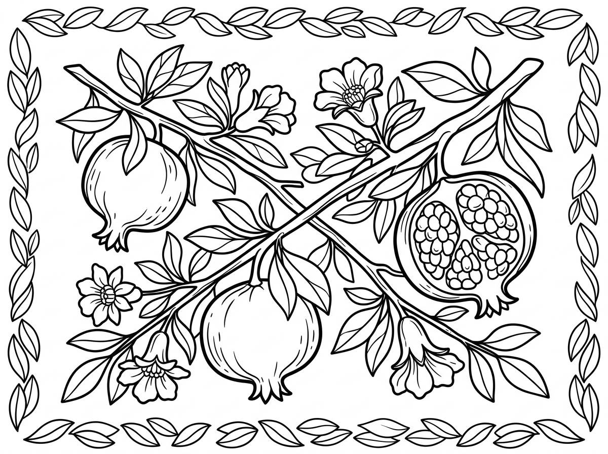 שני ענפי רימון מצטלבים בקומפוזיציה אמנותית, נושאים רימונים בשלים ופרחי רימון, עלים בגדלים שונים. רימון אחד פתוח ומראה את הגרגירים המבריקים בפנים. מסגרת פשוטה של עלים מסביב. סגנון בוטני קלאסי עם קווי מתאר נקיים ומרחבים לצביעה.