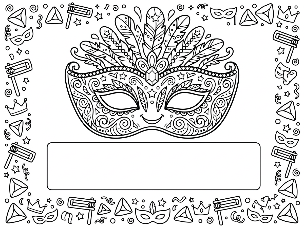 מסכת פורים גדולה ומפוארת בחלק העליון של הדף עם נוצות ועיטורים, ומתחתיה מקום לכתיבת טקסט אישי – משלוח מנות, ברכה לחג, או סיפור. מסגרת של רעשנים, אוזני המן וקונפטי. סגנון חגיגי לפורים.