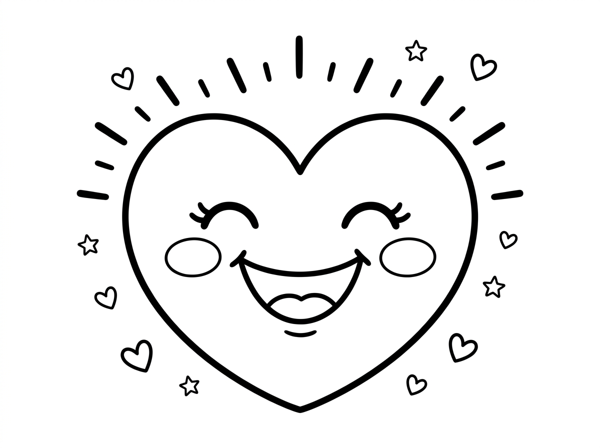 לב גדול עם חיוך רחב מאוזן לאוזן, עיניים עצומות בהנאה ולחיים עגולות. מסביבו קרניים קטנות כמו שמש מאירה ולבבות קטנטנים מרחפים. הסגנון פשוט ושמח, מושלם לפעוטות.