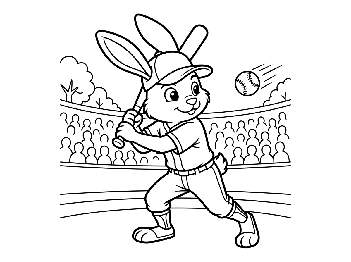ארנב ספורטיבי בתנוחת חבטה, מחזיק מחבט בייסבול ומוכן להכות את הכדור שמתקרב. הוא לובש מדי בייסבול עם כובע מצחייה שאוזניו בולטות ממנו. סגנון קריקטורה ספורטיבי ודינמי עם קווי תנועה, רקע של מגרש בייסבול עם קהל.