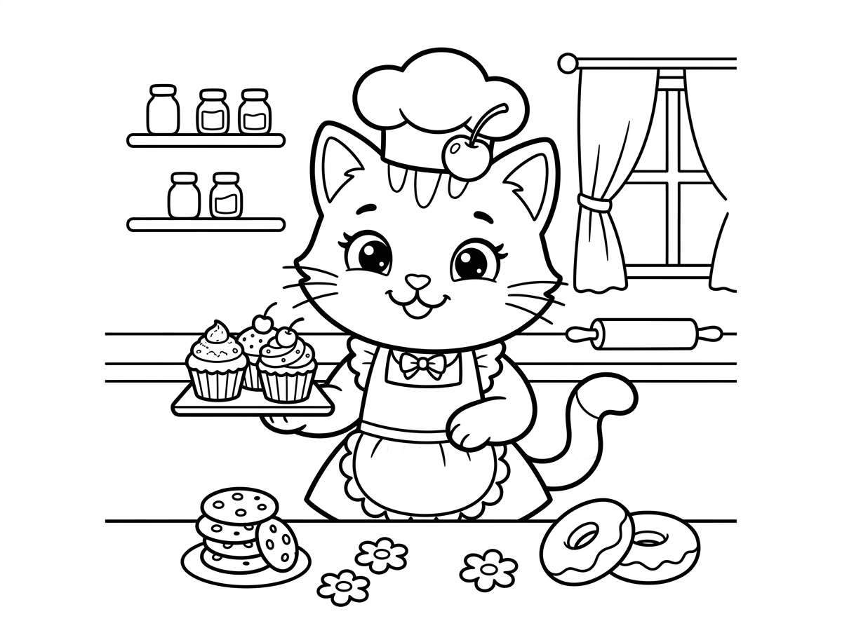 הלו קיטי מחזיקה מגש קטן עם קאפקייקס מקושט בקרם ודובדבן על הראש, מחייכת בגאווה עם סינר מטבח חמוד. סביבה עוד מאפים על שולחן: עוגיות, דונאטס ופרחי סוכר. סגנון מאפייה חמוד עם פרטי קישוט.