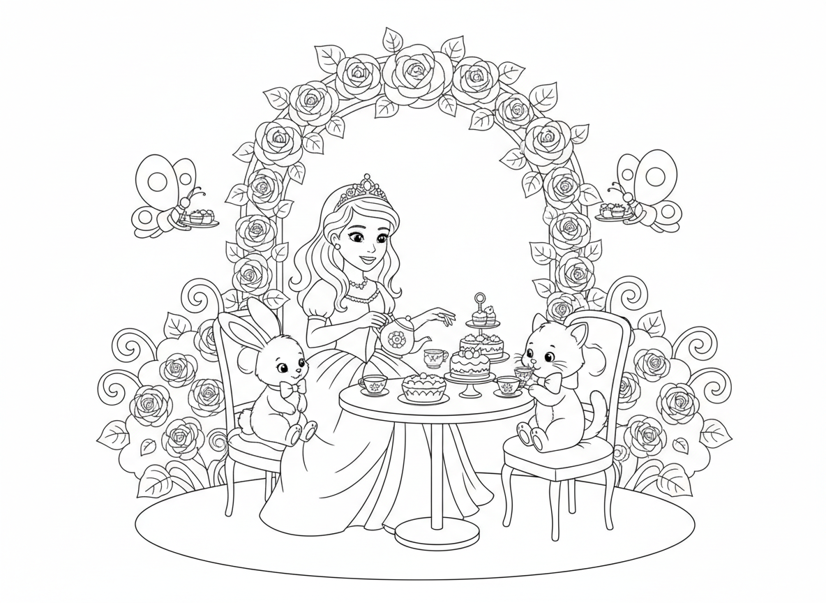 מסיבת תה של נסיכה בגן ורדים - נסיכה מארחת מסיבת תה לחברות החיות שלה בגן ורדים יפהפה, ארנבון וחתלתול כאורחים, עוגות זעירות וקומקומים, שער כניסה מוורדים, פרפרים כמלצרים