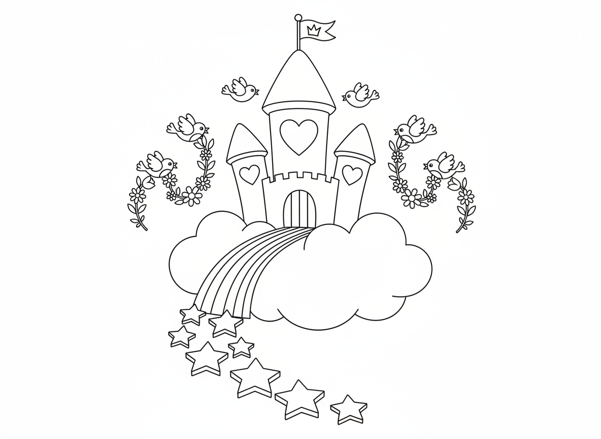 טירת נסיכה על ענן - טירת נסיכה מפוארת מרחפת על עננים רכים, מגדלים גבוהים עם חלונות בצורת לב, דגל עם כתר בראש, גשר קשת בענן, כוכבים כאבני דריכה, ציפורים נושאות זרי פרחים