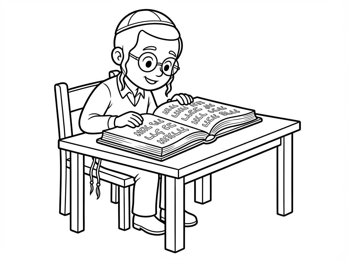 אני רוצה דף צביעה של ילד דתי עם משקפיים שיושב ולומד מתוך ספר תורני