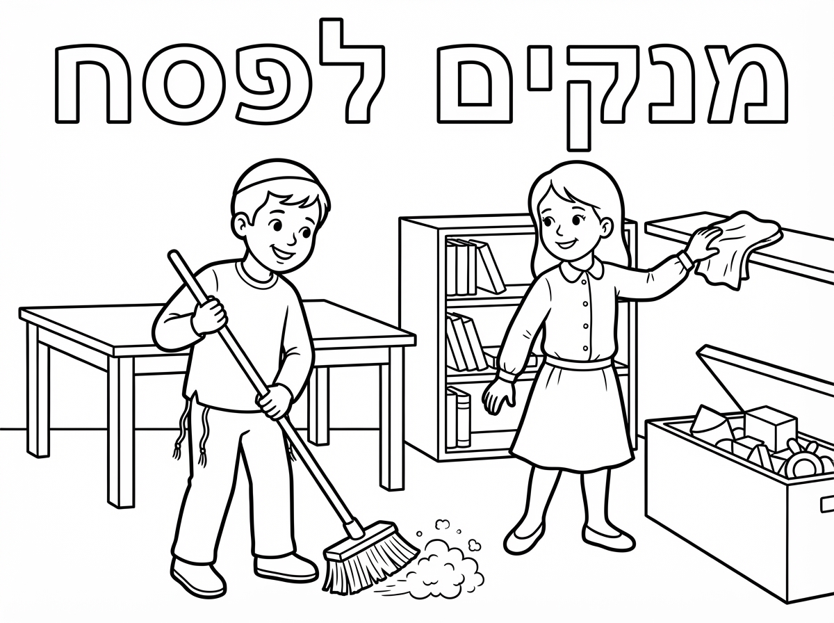 תעשה לי ציור של ילד עם כיפה וציצית וילדה עם חצאית ושרוולים ארוכים מנקים את הבית ולמעלה יש כיתוב  "מנקים לפסח"