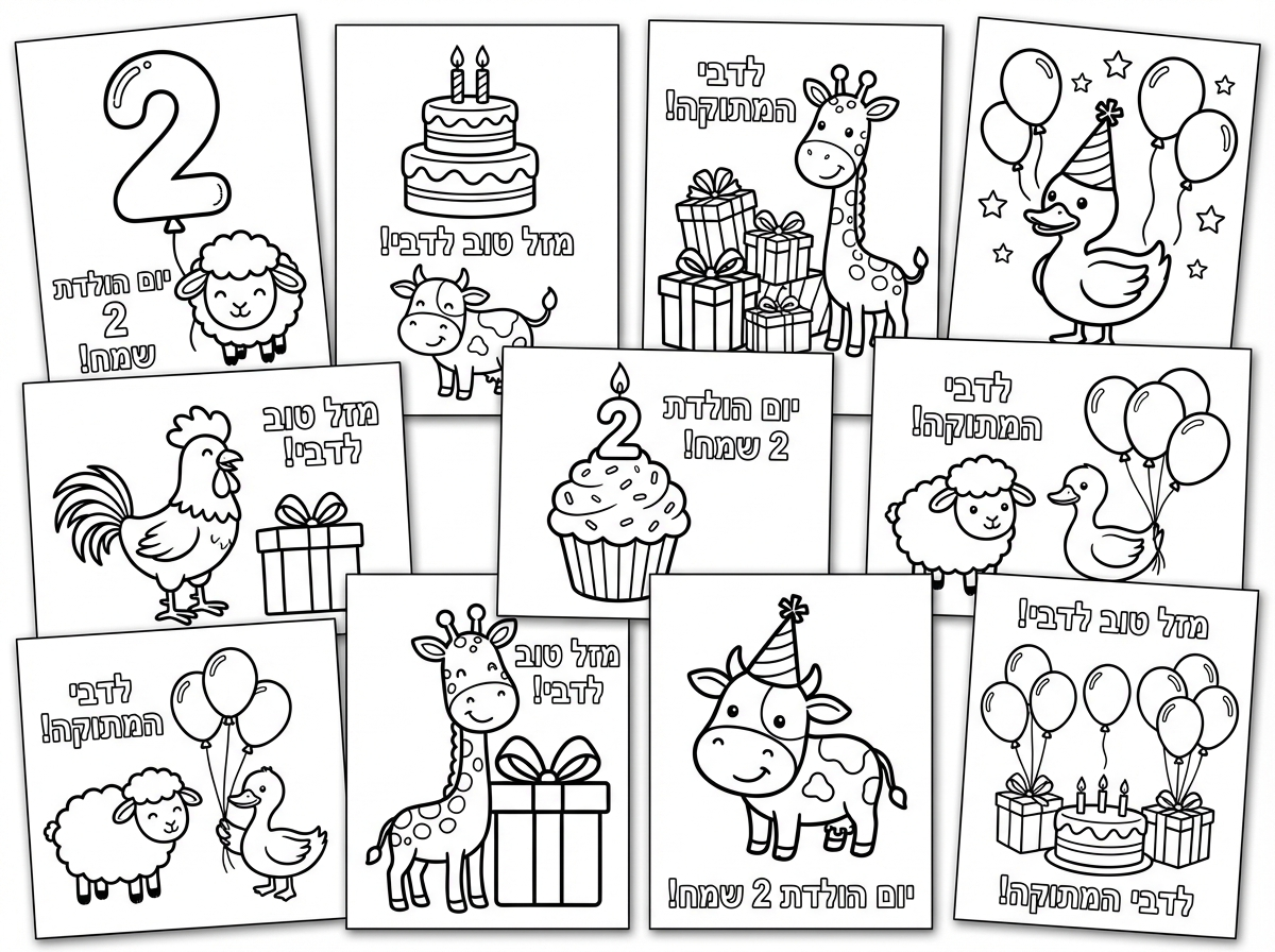 לדבי יש יום הולדת גיל שנתיים.
תוכל להכין לי 10 דפי צביעה שונים שילדים יצבעו לכבודה.
תחשוב כל דפים בסגנון יום הולדת, ברכות ואיחולים לדבי.
רק אם אתה משלב חיות אז שיהיו רק כבשה/פרה/ברווז/תרנגול/גירפה.