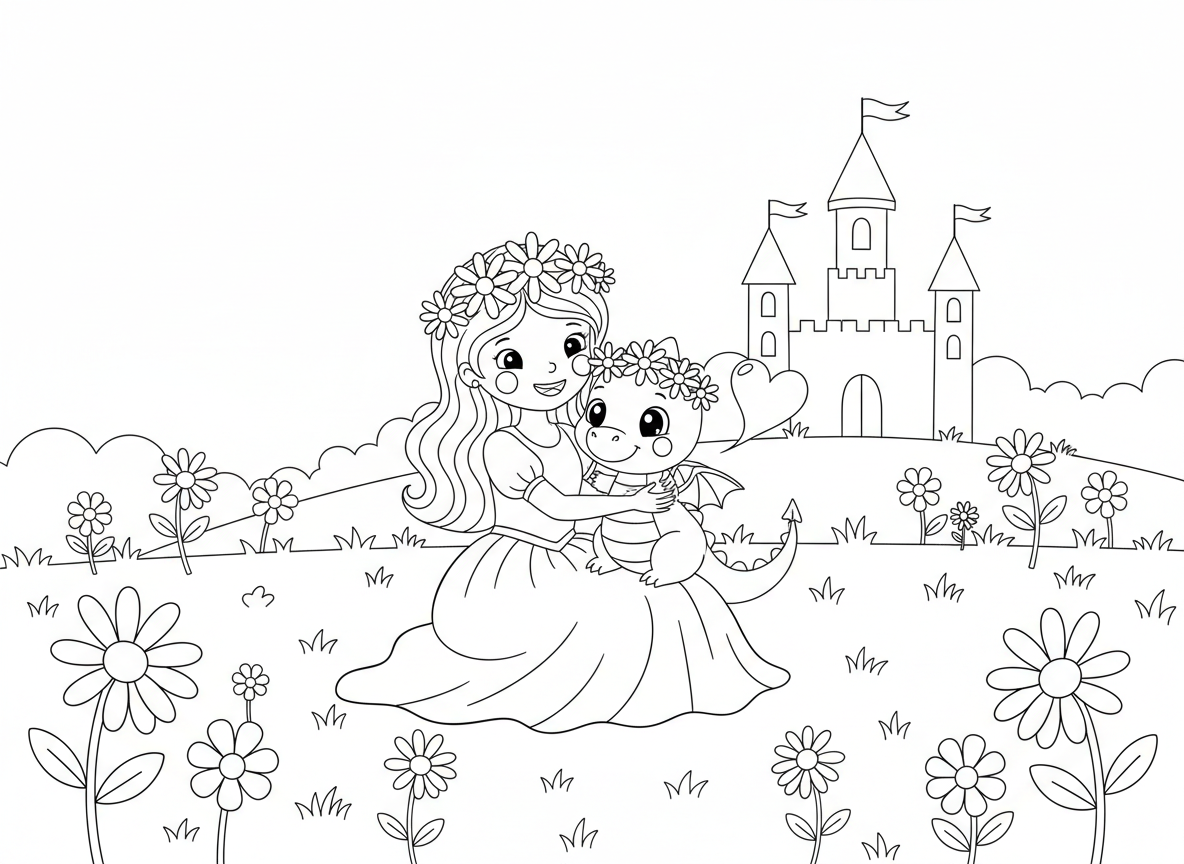 נסיכה והדרקון החבר הכי טוב שלה - נסיכה חמודה מחבקת דרקון תינוק ידידותי קטן, שניהם עם כתרי פרחים תואמים, יושבים באחו מלא חינניות, דרקון נושף עשן בצורת לב, טירה ברקע