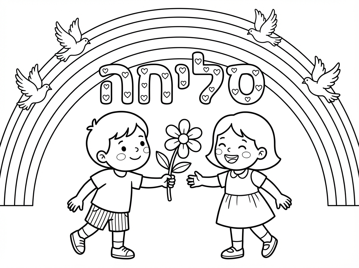 שני ילדים עומדים זה מול זה ומושיטים ידיים להתפייס, אחד מגיש פרח והשני מחייך ומקבל. מעליהם הכיתוב ""סליחה"" באותיות גדולות ומעוטרות בלבבות. ברקע קשת בענן ויונים לבנות עפות. סגנון ילדותי חם ומרגש עם מסר חיובי.