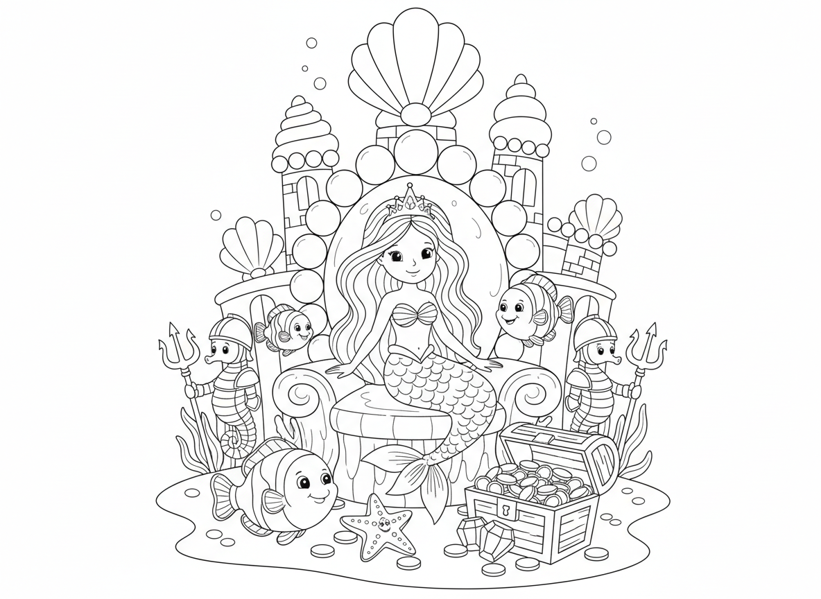 נסיכת בת ים בארמון תת-ימי - נסיכת בת ים עם שיער ארוך מתנופף וכתר צדפים יושבת על כס אלמוגים, מוקפת בחברות דגים, ארמון תת-ימי מפנינים וצדפות, סוסוני ים שומרים, ותיבת אוצר