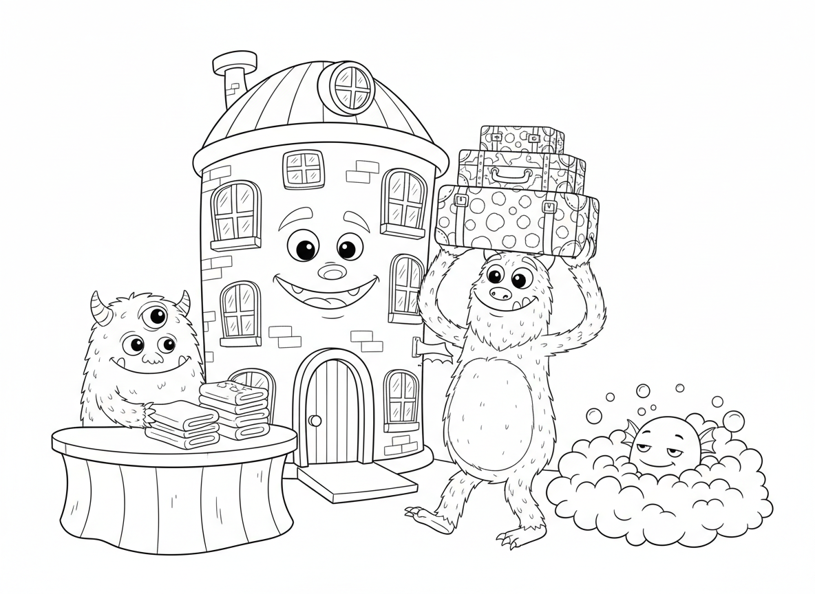 בית מלון למפלצות חמודות
מפלצת אחת מקפלת מגבות, אחת סוחבת מזוודות, ואחת נרדמת בג’קוזי של קצף.