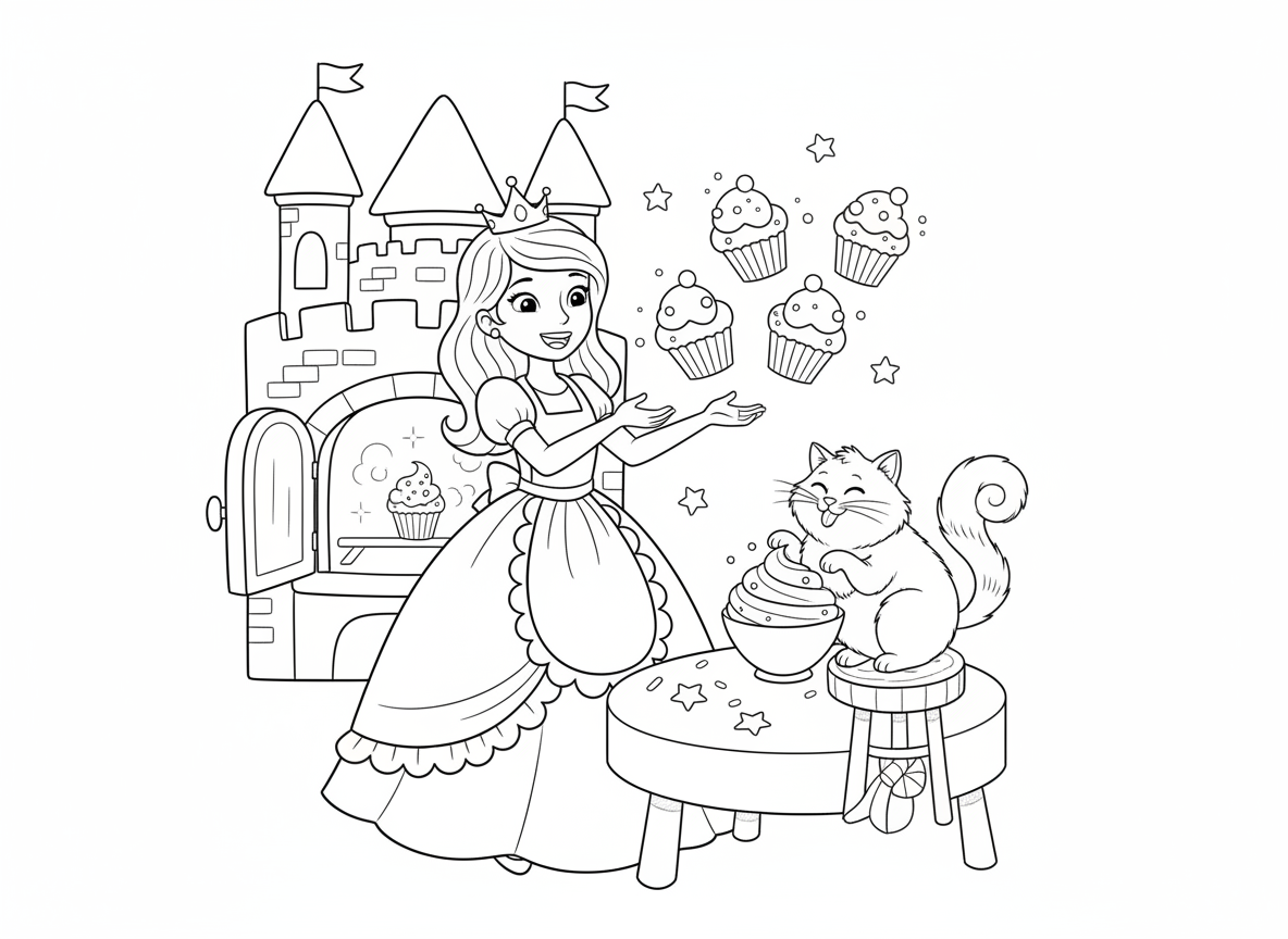 נסיכה אופה קאפקייקס קסומים - נסיכה עם סינר וכתר אופה קאפקייקס נוצצים במטבח מלכותי, קאפקייקס מרחפים וזוהרים, תנור קסום בצורת טירה, חתול עוזר מלקק ציפוי, סוכריות כוכב בכל מקום