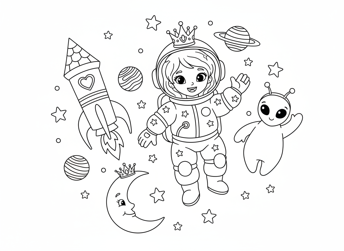 נסיכה אסטרונאוטית בחלל - נסיכה בחליפת חלל נוצצת עם כתר מעל הקסדה, מרחפת בין כוכבי לכת וכוכבים, חללית שלה בצורת מגדל טירה, ירח עם נזר, חברה נסיכה חייזרית מנופפת