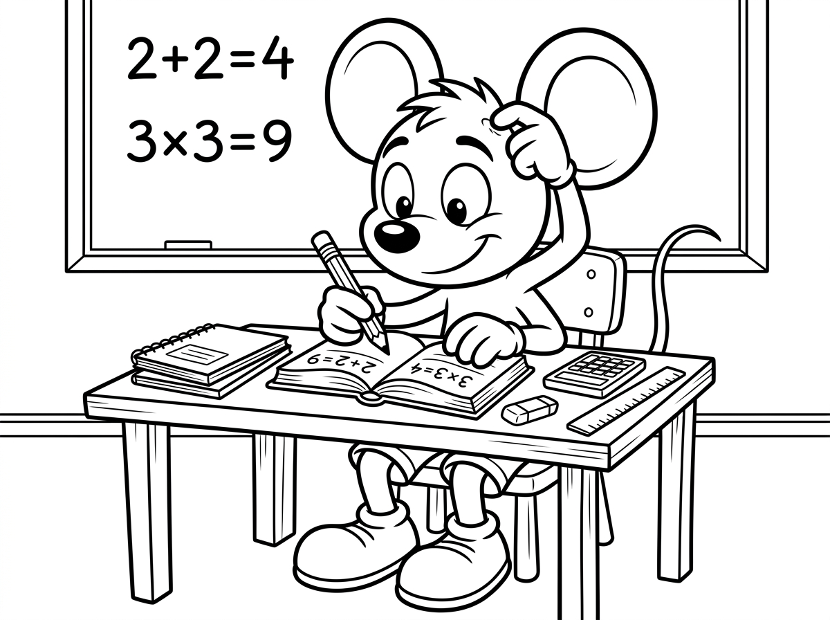 מיקי מאוס יושב ליד שולחן כתיבה עם ספר מתמטיקה פתוח, מחזיק עיפרון וגורד בראשו בריכוז עם הבעת מחשבה. על השולחן מחברות, מחשבון, סרגל ומחק, ברקע לוח עם תרגילים. סגנון לימודי קומי עם הבעות מצחיקות.