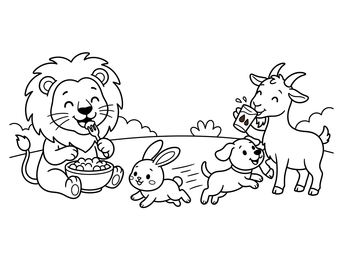 של אריה אוכל ארנב שבורח מכלב שמשחק עם גדי ששותה שוקו