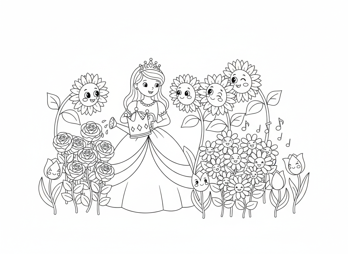 גן הנסיכה עם פרחים מדברים - נסיכה משקה את הגן הקסום שלה שבו לפרחים יש פרצופים חמודים והם מדברים איתה, ורדים מקרקרים, חמניות לוחשות סודות, מקהלת חינניות שרה, צבעונים משתחווים, משפך בצורת כתר