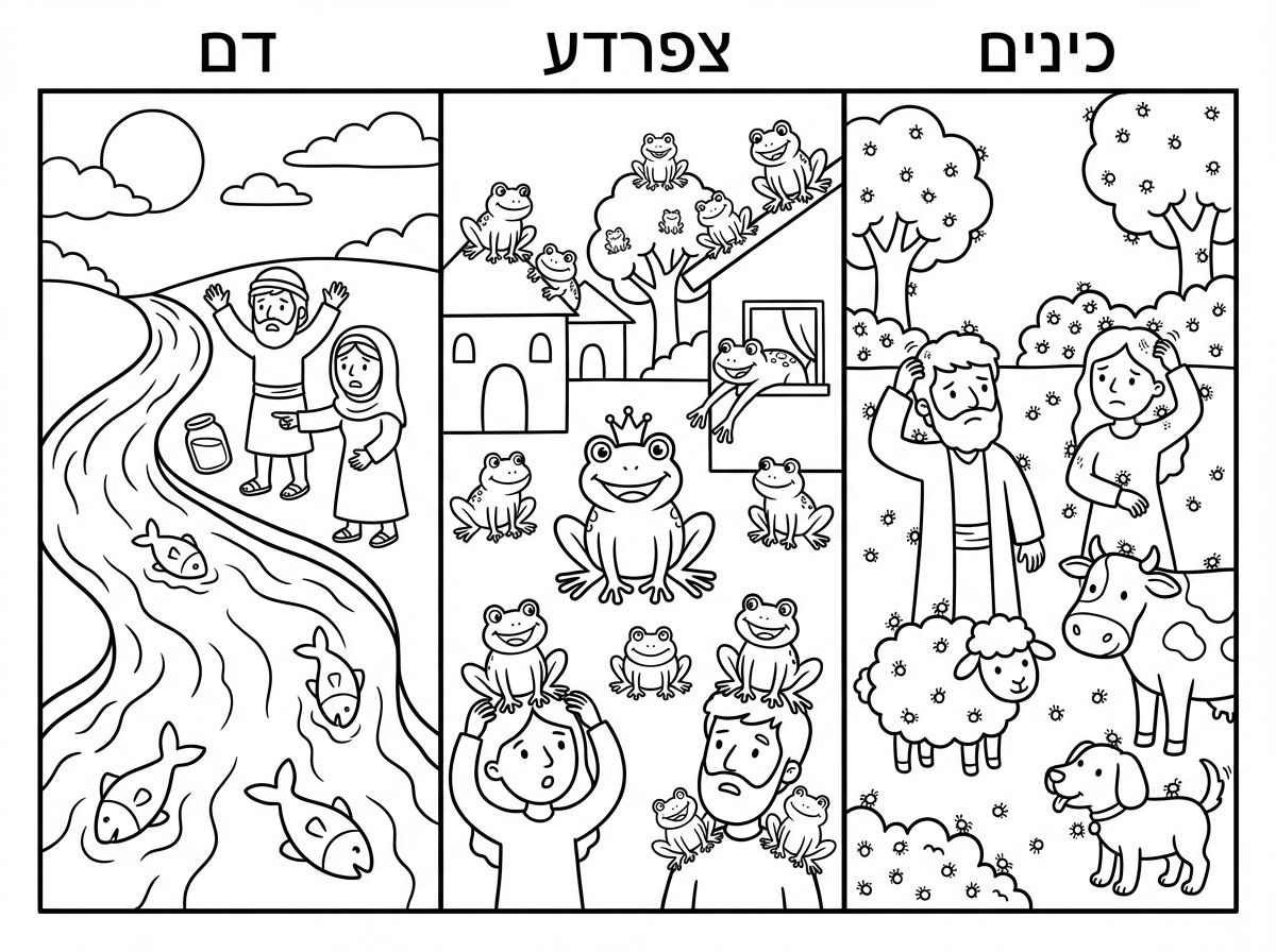 תכין לנ בבקשה דף צביעה בו רואים דף מחולק ל3
חלק אחד מכת דם
חלק 2 מכת צפרדע
חלק 3 מכת כינים
בכל אחד מהחלקים יש כותרת "דם" "צפרדע" "כינים"