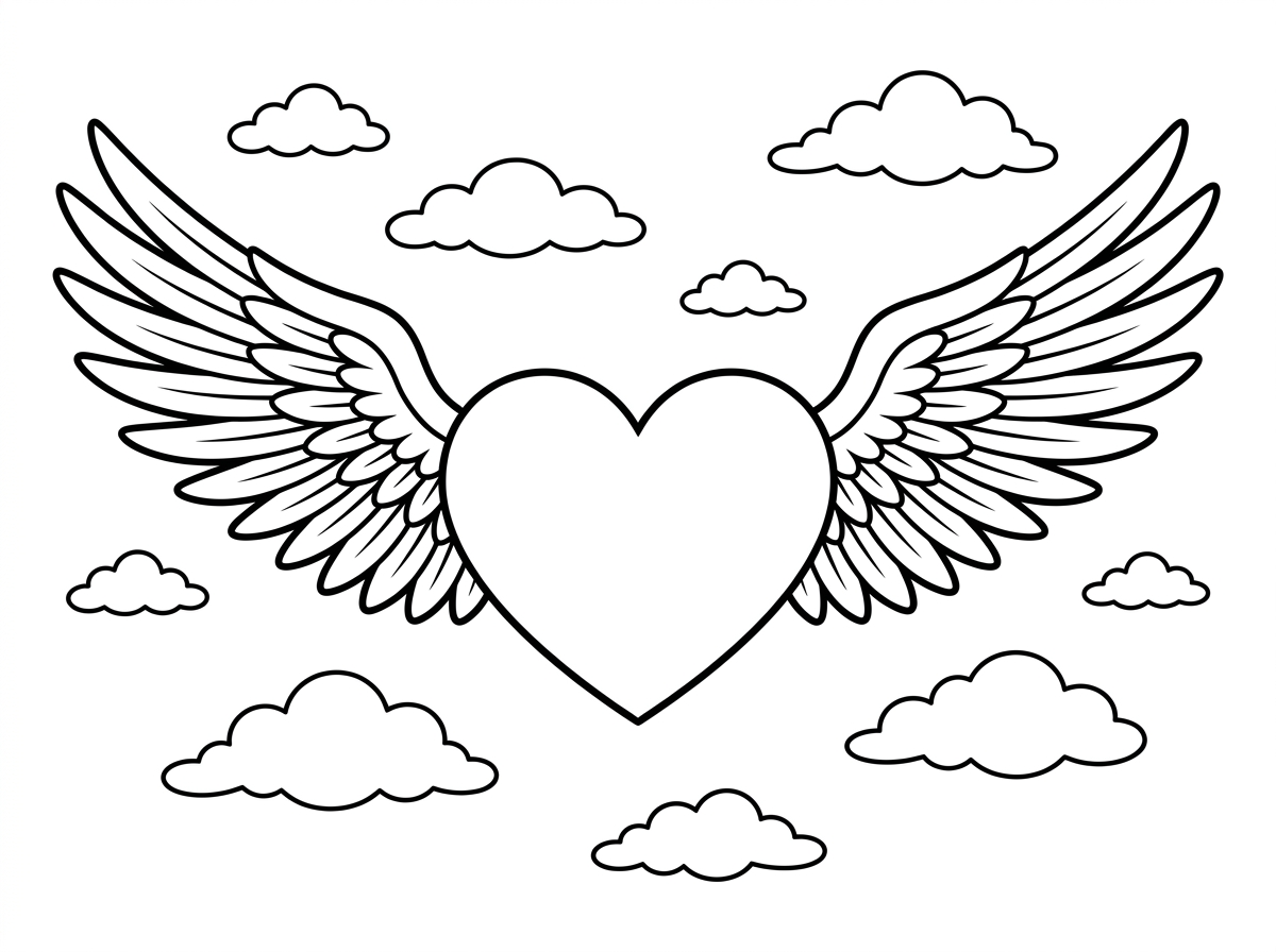 לב קלאסי עם זוג כנפי נשר חזקות ופרושות לצדדים, כל נוצה מצוירת בפירוט רב. הלב נראה כאילו מרחף ועף בשמיים עם עננים קטנים סביבו. הסגנון נועז ודינמי עם תחושת חופש ותנועה.