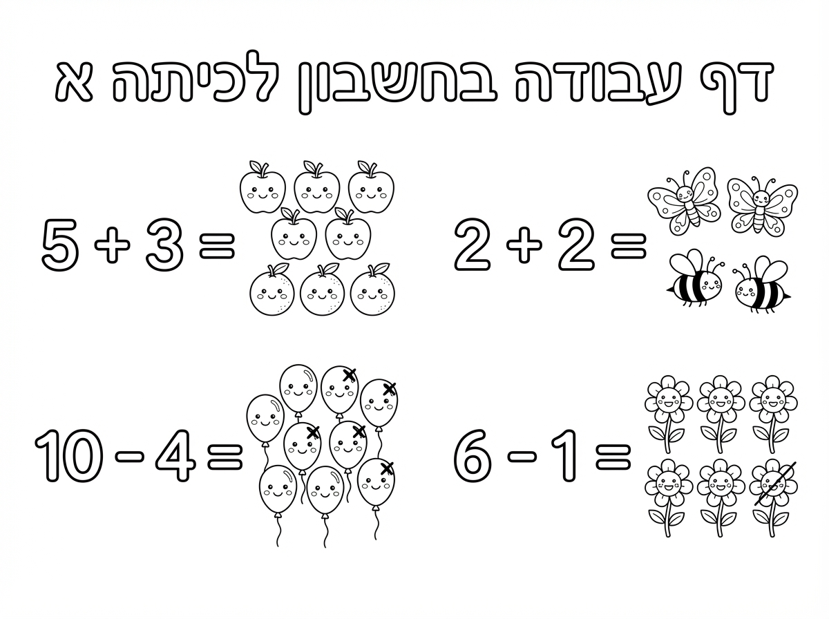 צור דף עבודה עם שאלות בחשבון לכיתה א