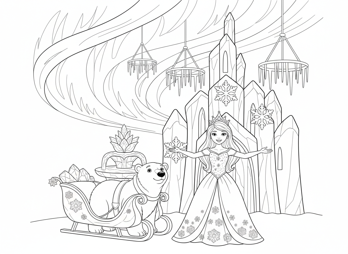 נסיכת הקרח בארמון קרח - נסיכת קרח בשמלה לבנה נוצצת וכתר קריסטל עומדת מול ארמון הקרח שלה, קישוטי פתיתי שלג, מזרקה קפואה, דוב קוטב מושך מזחלת קריסטל, נברשות קרחונים, שמי זוהר צפוני