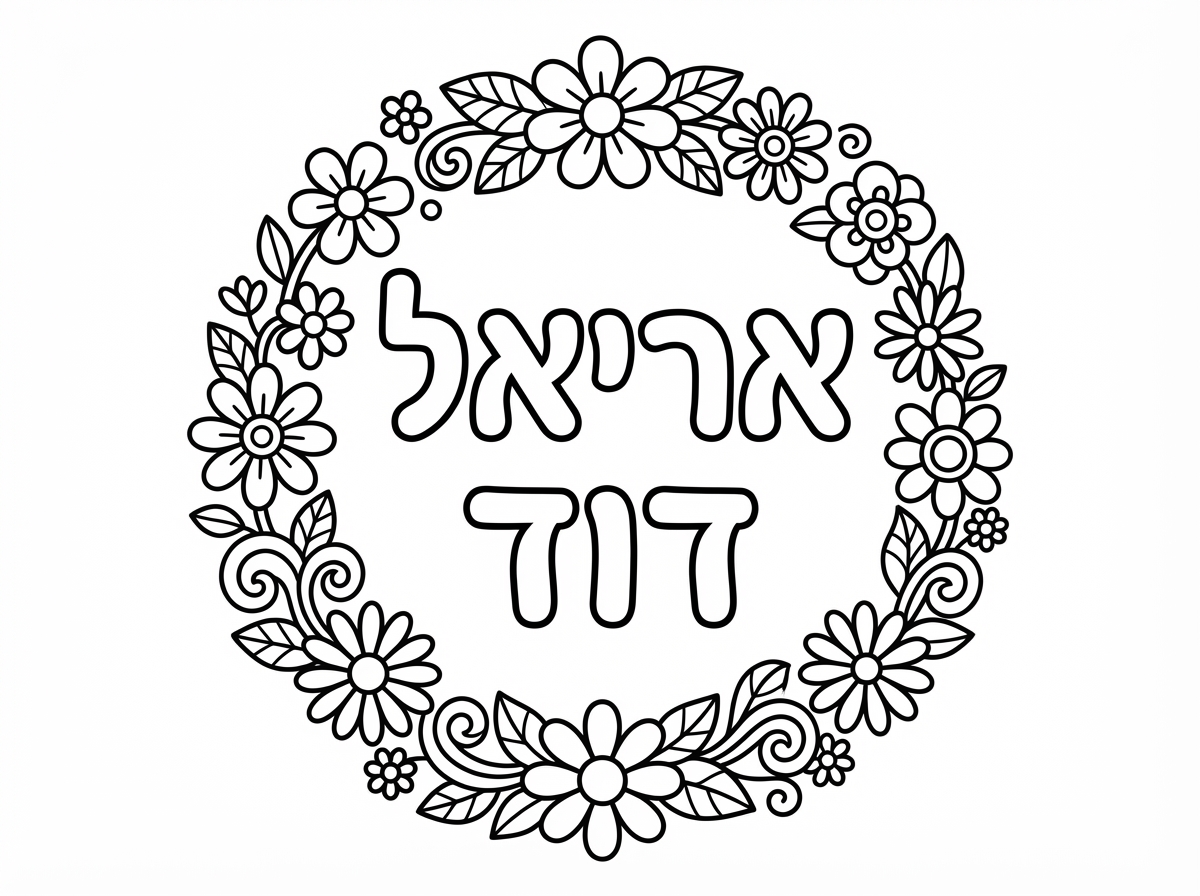 מעוניינת לייצר דף צביעה עם השם אריאל דוד וקישוטים של פרחים לצביעה מסביב
