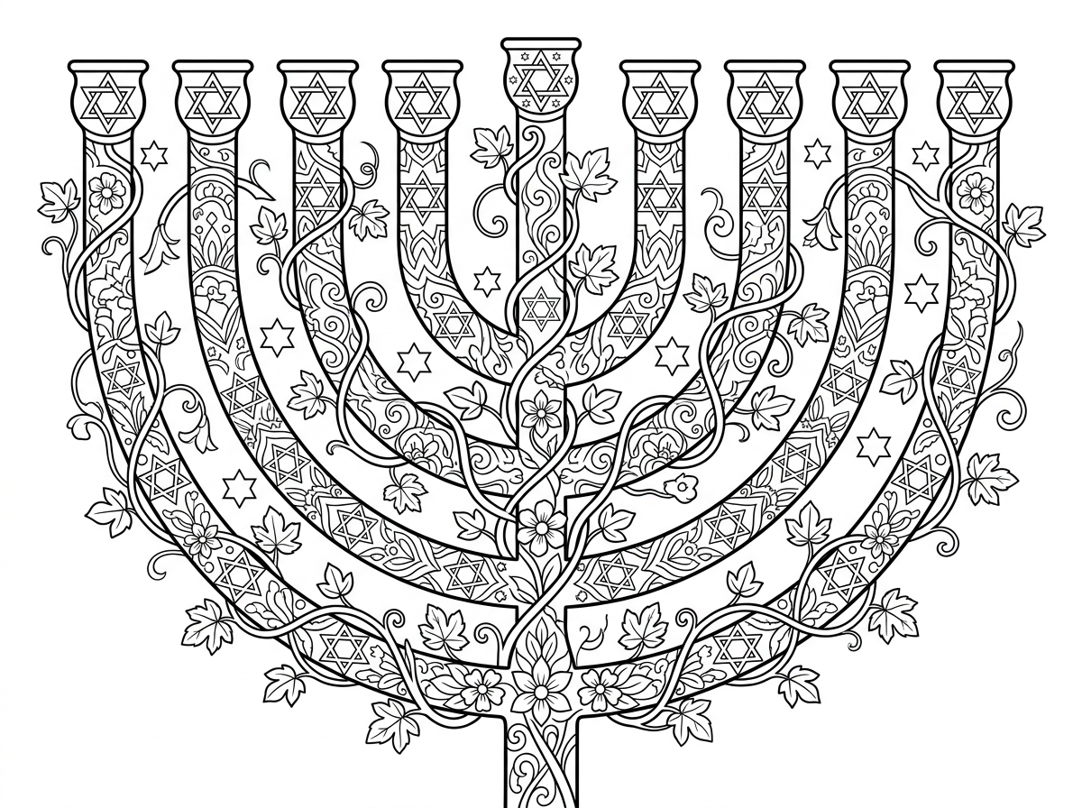 חנוכייה גדולה ומרשימה בעיצוב אמנותי עם ענפי גפן מפותלים, עלים, ופרחים שזורים בזרועות החנוכייה. כל קנה מעוצב בדפוס שונה של עיטורים מסורתיים, מגני דוד וכוכבים. סגנון מנדלה מורכב ומפואר עם פרטים עדינים רבים המתאימים לצביעה מדוקדקת.