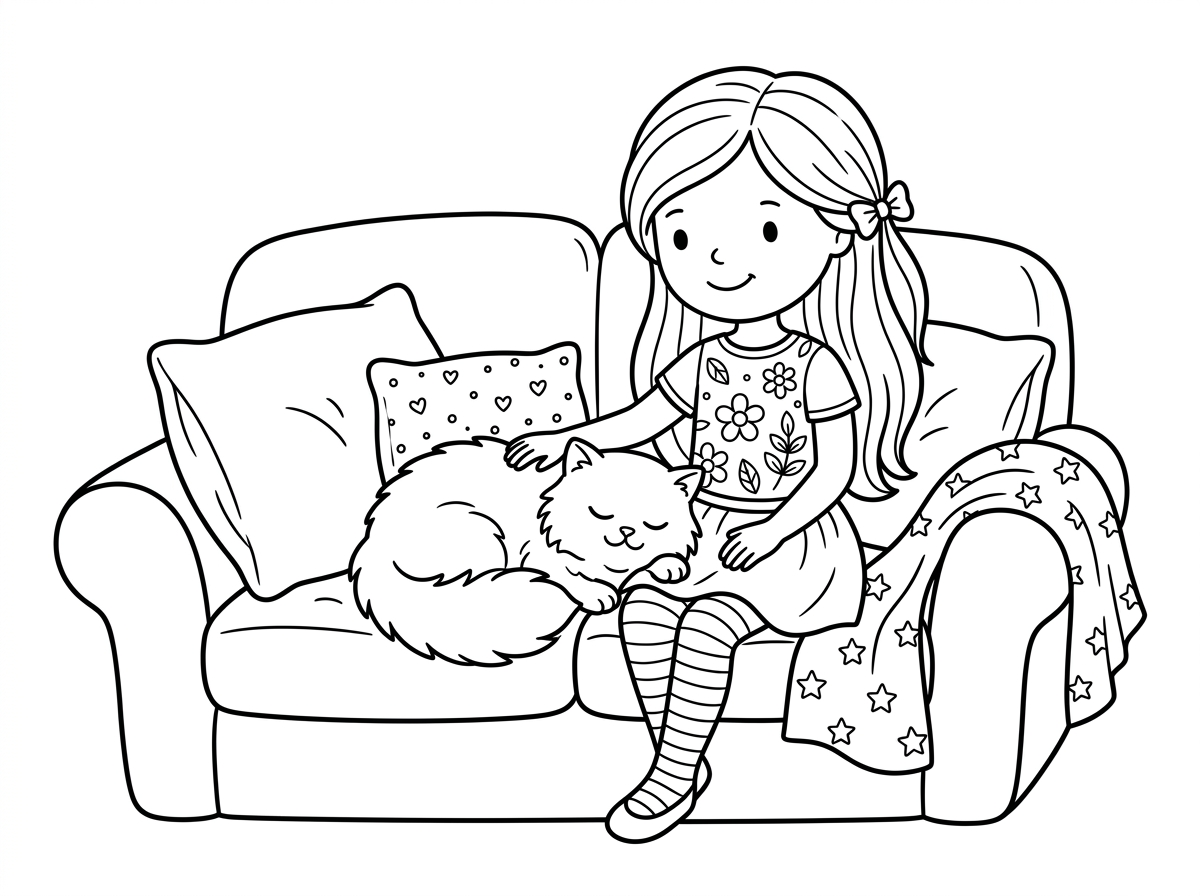 ברבי יושבת על ספה נוחה ומלטפת חתול פרסי לבן שוכב על חיקה, שניהם נראים רגועים ומאושרים. החתול מתרפק עם עיניים עצומות, סביבם כריות רכות ושמיכה. סגנון ביתי חם ונעים עם פרטי פרווה רכים.