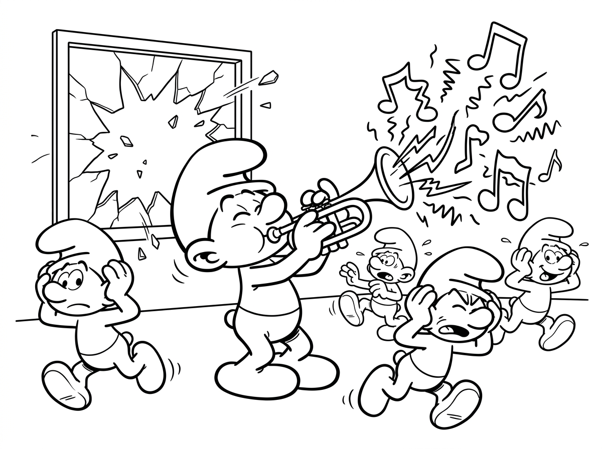 דרדס מוזיקאי (הרמוני סמורף) עומד ומנגן על חצוצרה בלהט, עיניים עצומות מריכוז, תווי נגינה צורמים יוצאים מהכלי. דרדסים סביבו סותמים אוזניים ובורחים מהמוזיקה הנוראית, חלון מתנפץ ברקע. סגנון קומי מוזיקלי עם תווים וקווי רעש.