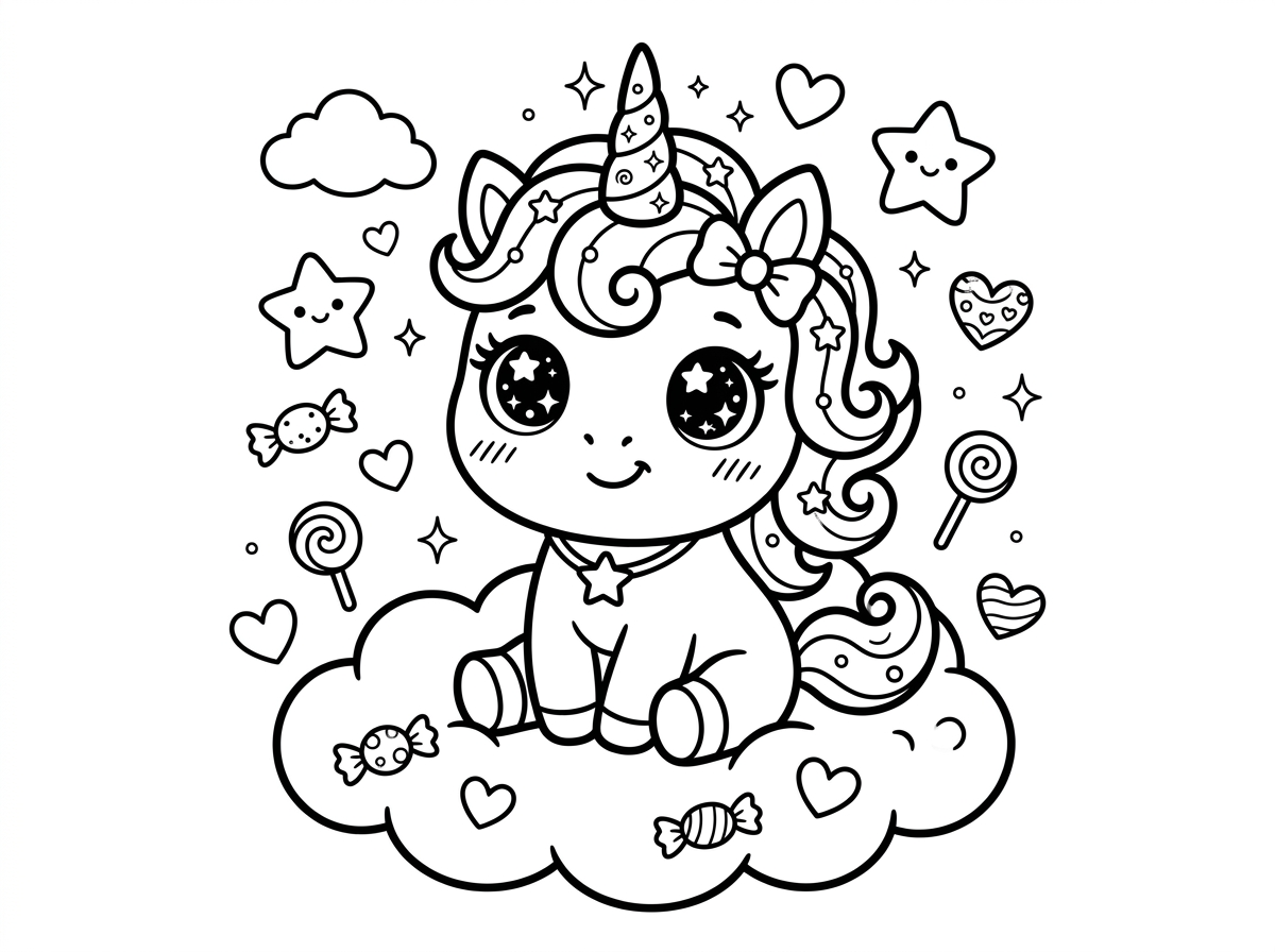 חד קרן בסגנון בובה יפנית קאוואי עם ראש גדול, גוף קטן ועיניים ענקיות ונוצצות עם כוכבים בתוכן. רעמה מתולתלת, קרן קצרה ומנצנצת, ולחיים מחייכות. יושבת על ענן רך מוקפת בלבבות, כוכבים וממתקים מרחפים, בסגנון חמוד ומינימליסטי.