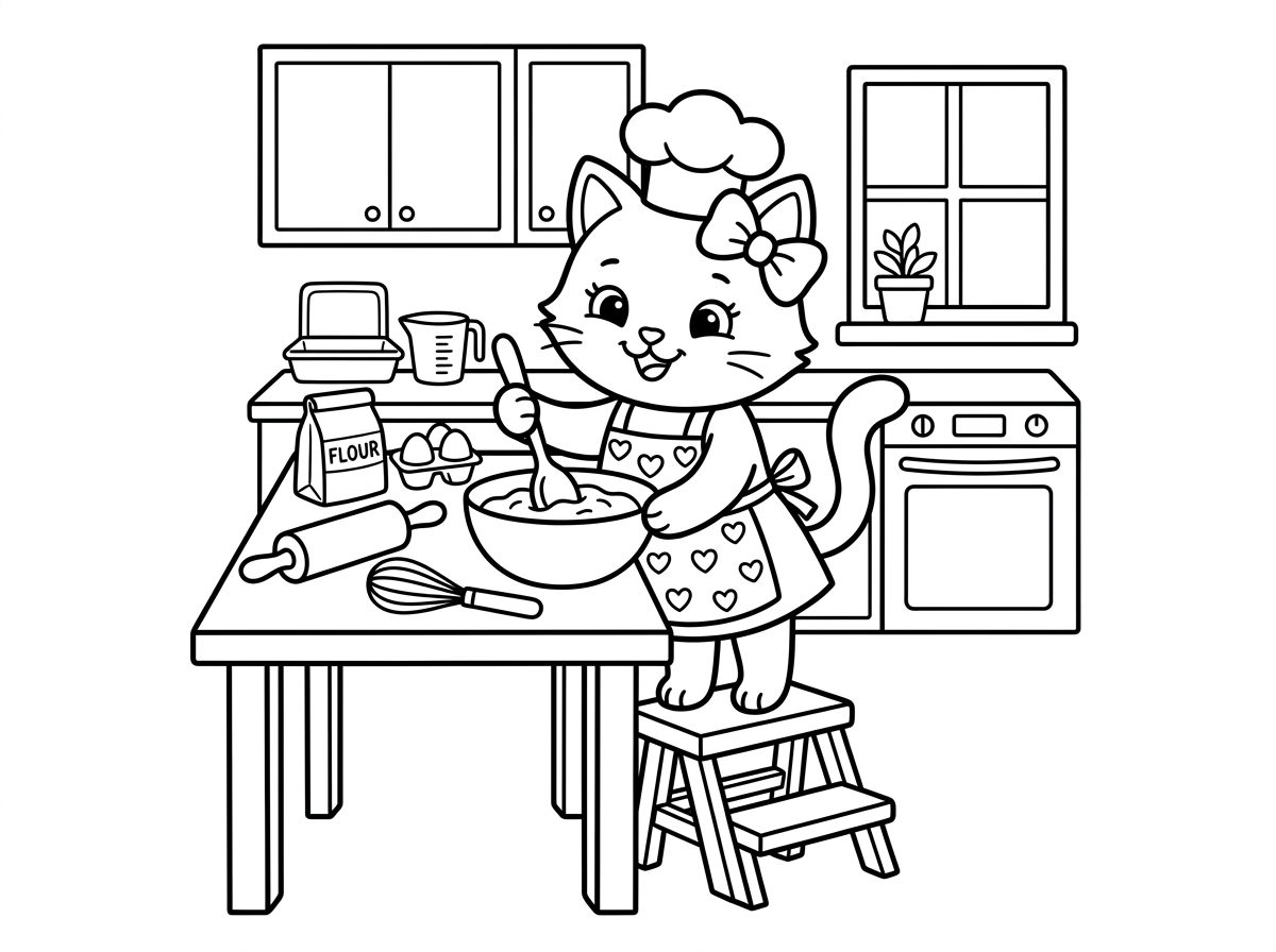 הלו קיטי עומדת על שרפרף קטן במטבח ומערבבת בקערה גדולה, לובשת סינר עם לבבות וכובע שף. סביבה כלי מטבח: מערוך, תבנית אפייה, ביצים וקמח על השיש. מטבח מסודר עם ארונות ותנור ברקע בסגנון ביתי חם.