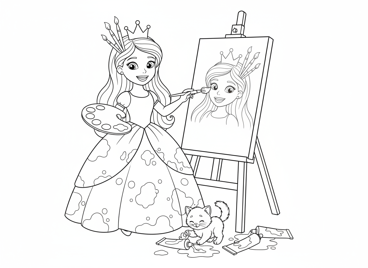 נסיכה מציירת את הדיוקן שלה - נסיכה עומדת מול קנבס גדול ומציירת דיוקן עצמי, פלטת צבעים על הזרוע, מכחולים בשיער ליד הכתר, כתמי צבע חמודים על השמלה, חתלתול משחק עם שפופרות צבע